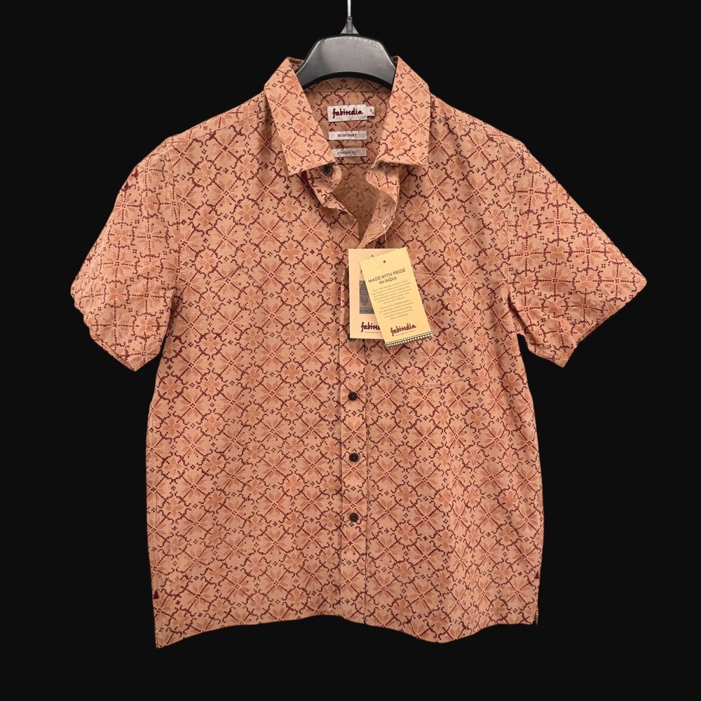 NEW FabIndia Bush Shirt Mens‎ Small Brown Hand Block Print Cotton Straight Fit